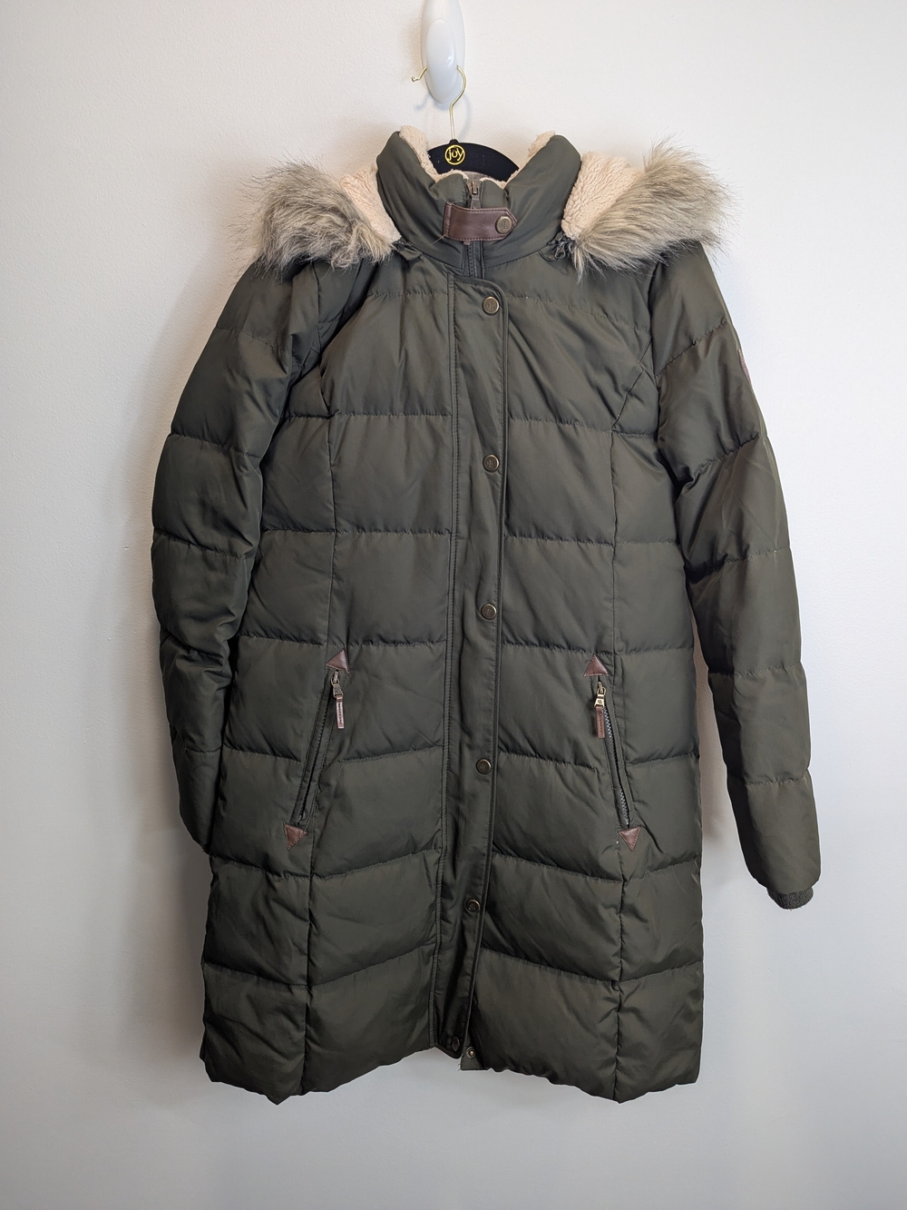 Lauren Ralph Lauren Olive Green Quilted Puffer Coat Faux Fur Trim Small Preppy